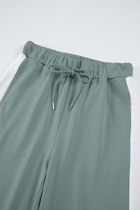 Varsity Stripe Contrast Collar Drop Shoulder Pullover And Drawstring Wide Leg Pant Set